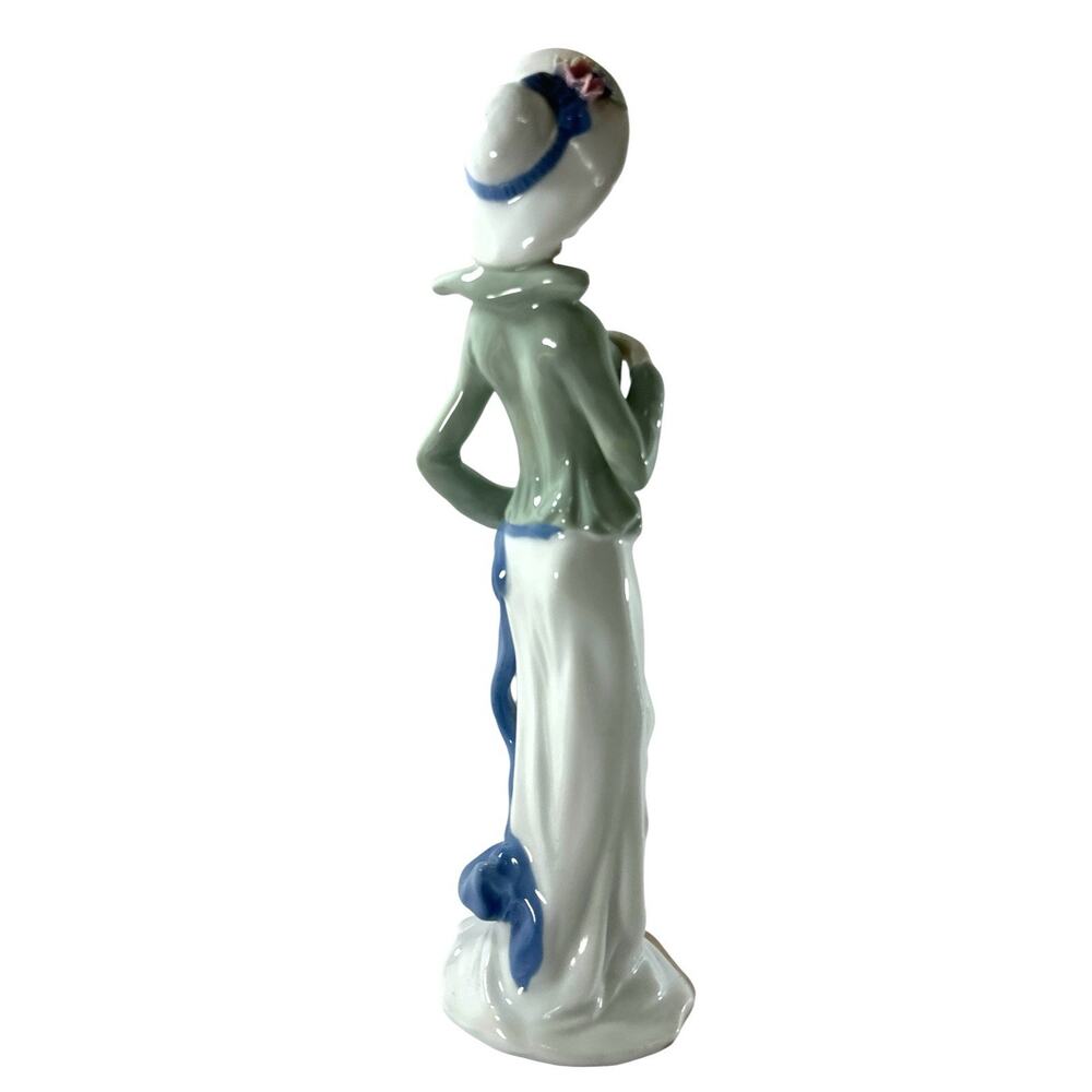 Porcelain Lady Figurine 14” Woman Wide Brim Hat Green Blue Floral Elegant - Picture 7 of 8